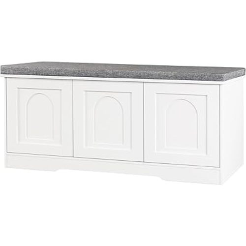 DINZI LVJ Shoe Bench, Entryway Storage Bench with Doors, Cushion, 2-Tier Shoe Rack with 6-Cubby, 39.4”L x 13.8”W Shoe Organizer Cabinet, Adjustable Shelf, Living Room, Bedroom, White