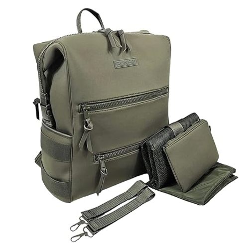 Neoprene Diaper Bag, Minimalist Backpack Diaper Bag with Pouch, Changing Pad, and Stroller Straps, Water Resistant and Lightweight Dad Diaper Bag, Diaper Bag Backpack - Olive