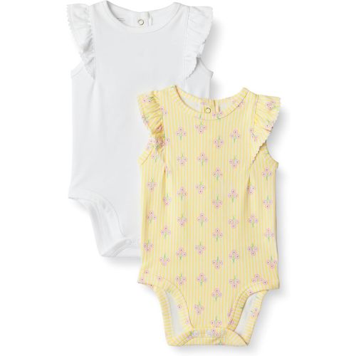 Amazon Essentials x Sofia Grainge Baby Girls' Cotton Ruffle Sleeve Bodysuit with Embroidered Detail, Pack of 2