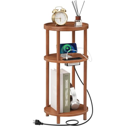 HOOBRO Small Round Side Table with Charging Station, 3-Tier Round Bamboo End Table, Compact Sofa Bedside Table for Small Space, Easy Assembly, for Living Room, Bedroom, Apartment, Walnut WL152UBZ01