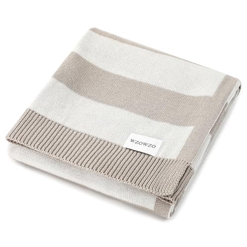 Knit Baby Blanket 40x30 Inches Striped, Soft Cotton Blend Swaddling Receiving Blanket for Newborn Infant, Gender Neutral Nursery Crib Stroller Blanket, (Beige & White)