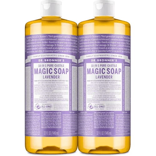 Dr. Bronner's Magic Soap - Pure-Castile Liquid Soap (Lavender, 32 ounce, 2-Pack) -Regenerative Organic Certified Oils, 18-in-1 Uses: Body, Hair, Laundry, Pets & Dishes, Concentrated, Vegan, Non-GMO