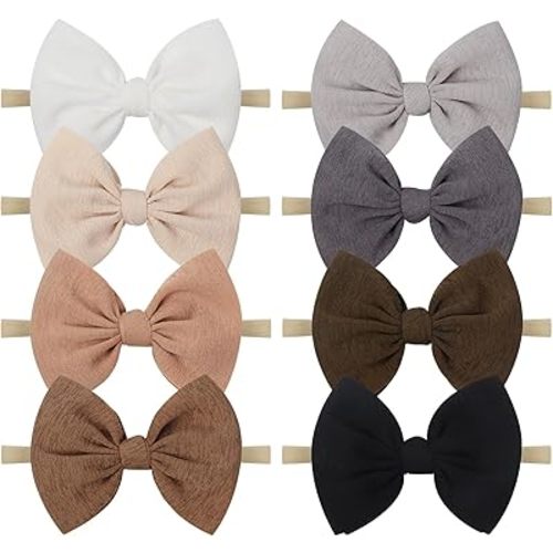 Big Bows Hairbands, 8 PCS Handmade Baby Girl Headbands with Bows, Stretchy Nylon Newborn Toddler Hairbands, Tan