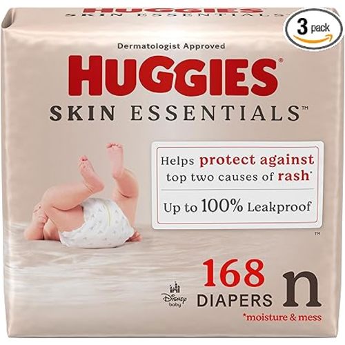Huggies Size Newborn Diapers, Skin Essentials Baby Diapers, Size Newborn (6-9 lbs), 168 Count