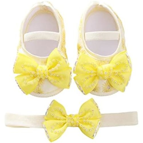 Baby Girls Mary Jane Flats Beaded Bow Princess Shoes Dress Walking Shoes and Headband for Newborn Infant Toddler
