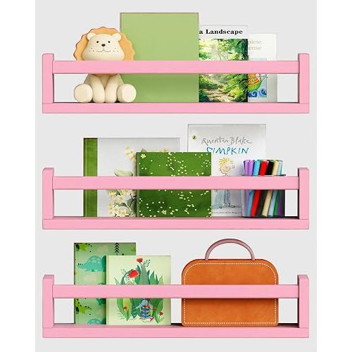 Pink Nursery Floating Shelves for Wall Set of 3, Baby Girls Room Wall Book Shelves for Kids Bedroom, Corner Bookshelf for Toddler Children Bathroom Decor and Toys Organizers and Storage