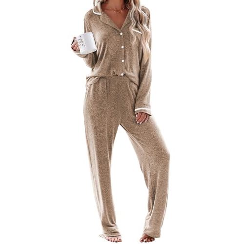 Ekouaer Womens Pajama Sets Long Sleeve Button Down 2 Piece Lounge Set | Soft 2 Piece Lounge Sets, Fall Sleepwear, Long Pants With Side Pockets, Soft and Skin-Friendly Fabric