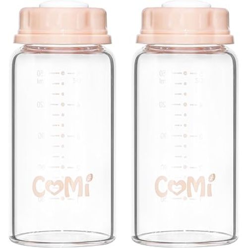 COMI Natural Glass Baby Bottle,Standard Neck Breastmilk Storage Bottle for Fridge,Breast Milk Container,Breast Pump Bottle Compatible with Medela Breast Pump,BPA Free,2PCS (5oz,2 Pink Lids)