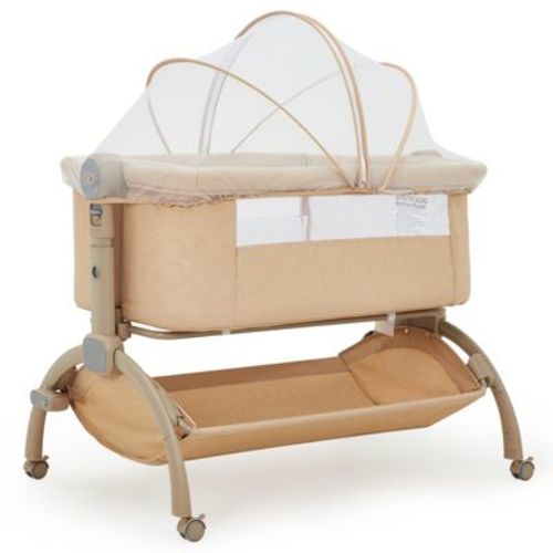 3-in-1 Adjustable Baby Bedside Sleeper on Wheels - Breathable Mesh Crib with Mattress, Storage Basket, Travel Bag & Mosquito Net - Home & Travel