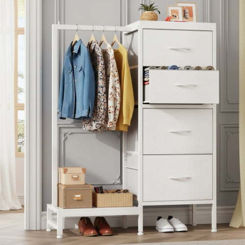 EDX 44"H Dresser with Hanging Rack, 4 Drawers Small Closet for Bedroom, Can be assembled by flipping left and righte Clothes Rack, Sturdy Frame, White
