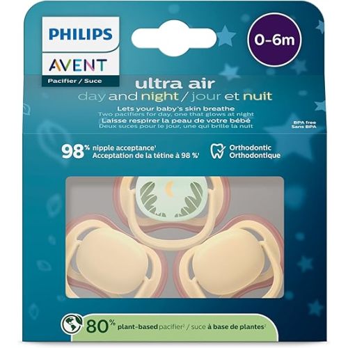 Philips Avent ultra air Pacifier 0-6m, light yellow/tropical night, day+night 3 pack, SCF087/23 (Light Yellow/Tropical Night)