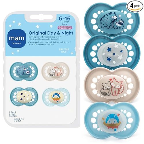 MAM Original Baby Pacifiers 6-16 Months, Binky for Newborn Babies, BPA-Free Skin Soft Silicone Nipple, Glows in The Dark, Developed with Medical Experts, 4 Pack, Made in Europe