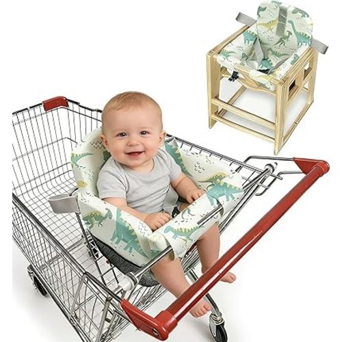 Shopping Cart Seat Cover for Baby Girl and Boy, High Chair Cover for Restaurant seat, Padded Grocery Cart Seat Cover & Swing Insert for Infant & Toddler, Durable Machine Washable (Green Dinosaurs)