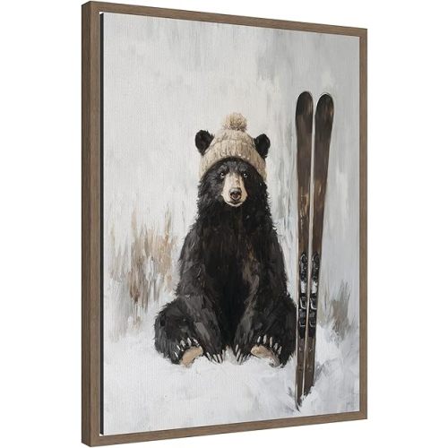 Kate and Laurel Framed Canvas Wall Art Print 'Winter Bear Waiting to Ski' by The Creative Bunch Studio, 18 x 24 Sylvie Walnut Frame, Whimsical, Animal Art for Wall Decor