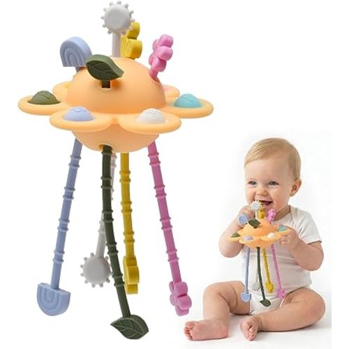 Silicone Baby Sensory Pull String Toy for 18+ Months, Montessori Toys for Toddlers, Sensory Activity Travel Toy for Airplane Car Seat Stroller, Fine Motor Skills Early Learning Gift (Yellow)