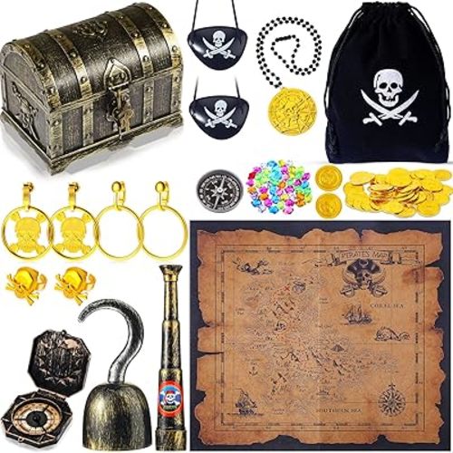 Sratte 116 Pcs Pirate Treasure Toys, Treasure Box with Coins Jewels Gems and Map Compass Telescope for Boy Girl Halloween Cosplay Props Pirate Theme Party Decoration Favors