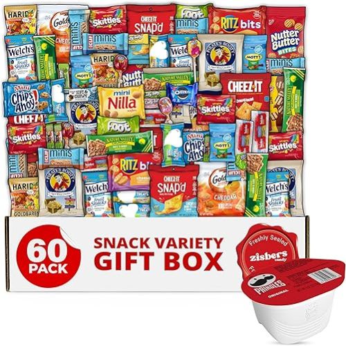 Snack Box Care Package Gift Box - Large Variety Snack, Candy & Treats for College Students, Adults, Kids, and Office Treats - 60 Count