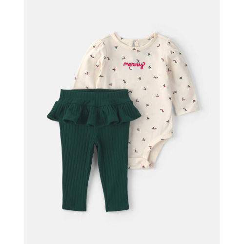 Baby Girl 2-Piece 'Merry' Long-Sleeve Bodysuit & Pant Set - Cream/Green | Carter's