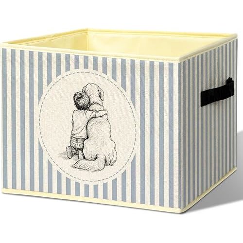 Vintage Boy Puppy Dog Hug Sketch Foldable Storage Bins Box with Handles