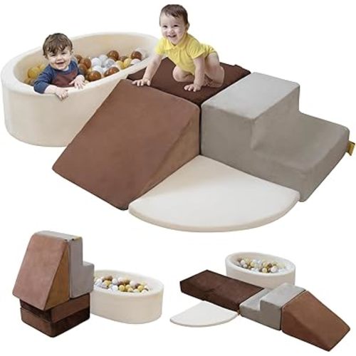 BanaSuper 6-Piece Climbing Toys for Toddlers, Kids Foam Blocks Playset with Cylindrical Block, Toddler Indoor Soft Play Gym Activity Play Set for Crawling, Sliding and Playing(Grey&Brown)