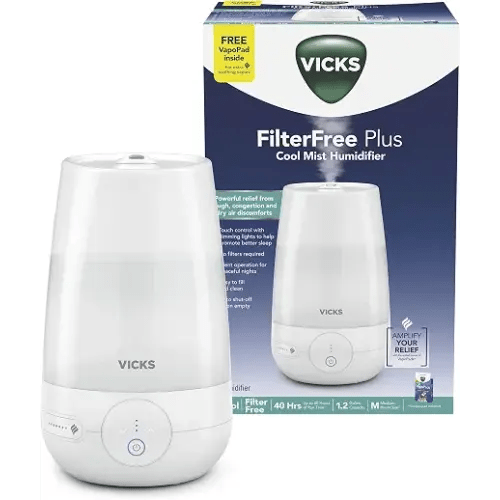 Vicks Filter-Free Plus Cool Mist Humidifier for Medium Rooms, 1.2 Gal Tank | Filter-free cool mist ultrasonic humidifier for baby, kids, and adult rooms, works with Vicks VapoPads, easy clean humidifier