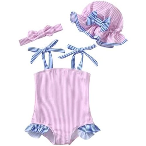 Renotemy Baby Girl Swimsuit Toddler Girls One-Piece Swimsuit Summer Beach Bikini Girl Bathing Suits with Hat 0-24 Month