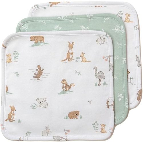 Living Textiles Soft Baby Washcloths 3 Pack - 100% Cotton Face Washers for Newborns,Gentle Wash Cloths for Baby Bath & Face, Dual-Sided Terry & Jersey Fabric, Oeko-TEX Certified (Australiana)