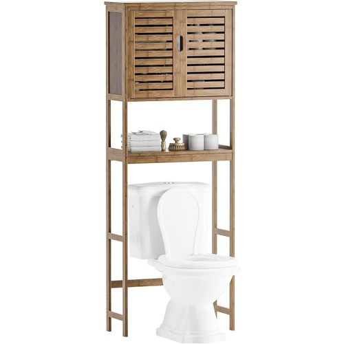 SMIBUY Bathroom Storage Shelf with Cabinet, Bamboo Over-The-Toilet Organizer Rack, Freestanding Toilet Space Saver with 3-Tier Adjustable Shelves (Walnut)