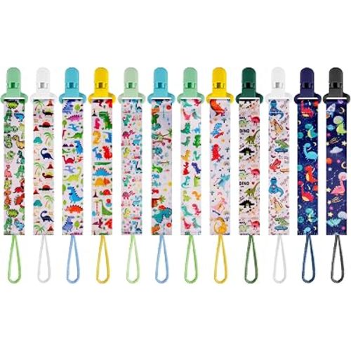 12 Pack Pacifier Clips with Adjustable Strap (32-46.5cm)/Short Strap(25.5cm) - Premium Polyester Baby Pacifier Holder Set, Multi-Design Clips for Boys Girls (Multicolor F 24/25cm)