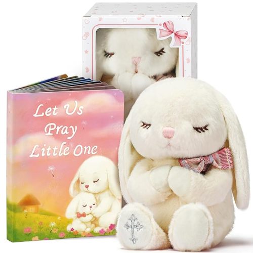 Baptism Gifts for Girl, Great Christening, Dedication and Baptism Gift Set for Girl and Newborn Baby, Includes 7" Praying Bunny Plush Toy and Let Us Pray Baby Book in Keepsake Gift Box