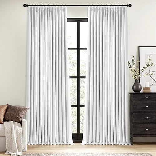 MIULEE White Pinch Pleated 100% Blackout Linen Curtains 96 Inch Length 2 Panels Set, Pleat Curtains with Pin Hooks, Black Out Light Blocking Room Darkening Drapes for Bedroom Living Room Window