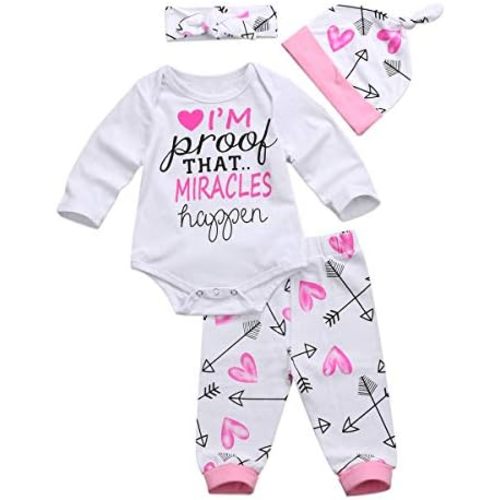 4Pcs/Set Baby Girl Lovely Letters Print Bodysuit Romper Arrow Heart Pants Headband Hat Summer Outfit Clothes