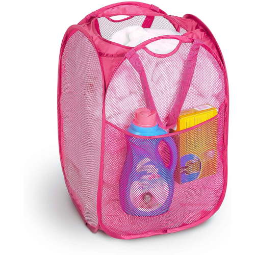 Smart Design Deluxe Mesh Pop Up Square Laundry Hamper with Side Pocket and Handles - VentilAir Fabric Collapsible Design - for Clothes and Laundry - Home - Holds 2 Loads - 14 x 23 Inch - Pink