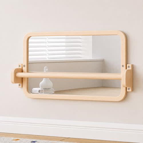 Woodtoe Montessori Mirror with Bar, Tummy Time Floor Mirror Toys for Baby | Baby Pull to Stand Toys, Natural Unpainted Solid Wood Frame, Baby Pull Up Bar, Developmental Toys for Nursery (Small Size)