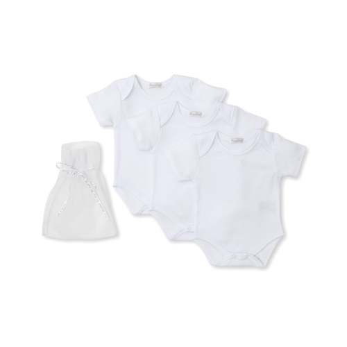 White 3 Pack S/S Bodysuit Set w/ Tulle Bag