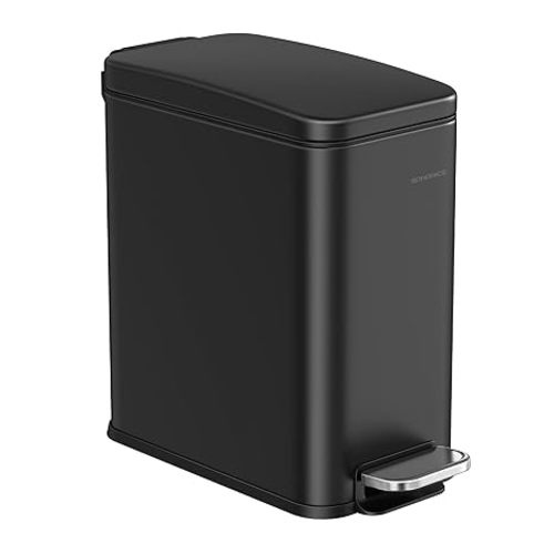 SONGMICS Bathroom Trash Can, 1.3 Gallon (5 L) Small Trash Bin with Lid, Slim for Small Spaces, Stainless Steel Garbage Can, Soft Close, Black ULTB560B05