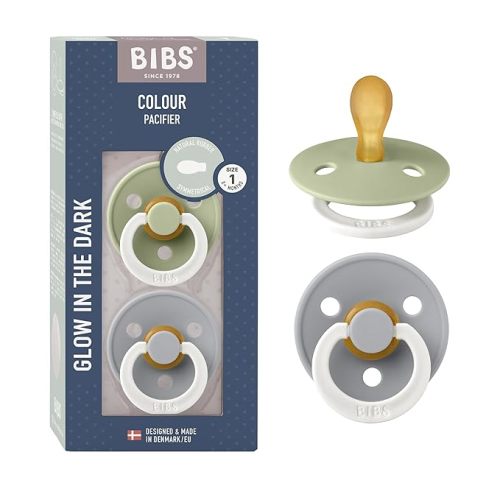 BIBS Pacifiers 0-6 Months | 2-Pack Soothers | BPA-Free Symmetrical Nipple | Made in Denmark | Sage Glow/Cloud Glow Colour Pacifier | Natural Rubber | Size 1 | BPA-Free | Made in Denmark | Glow Handle | High Nipple Acceptance
