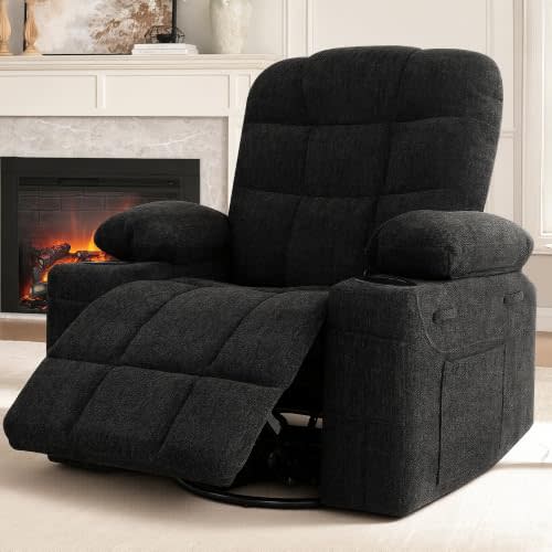 Swivel Rocker Recliner Chair,Recliner Single Sofa with Cup Holders, Manual Nursery Rocking Chair with Side Pockets, Modern Upholstered Recliner for Living Room,Apartment,Home Theater(Black)