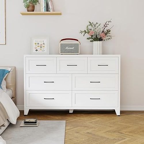 White Dresser for Bedroom, Dressers & Chests of Drawers, Metal Dressers, TV Stands with 7 Drawers, Storage Cabinet for Closet, Farmhouse, Hallway, Entryway