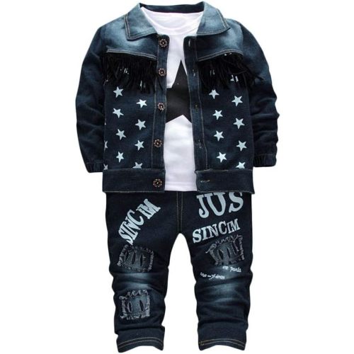 Baby Boy Fall Winter Clothes Set 3 Piece Suit Denim Jacket+Long Sleeve Shirt Tops+Ripped Jeans Pants Cool Outfit Sets