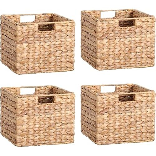12X12X10in Water Hyacinth Storage Baskets, Wicker Storage Cubes Set of 4, Foldable Wicker Baskets for Pantry Organization, Square Baskets for Shelves