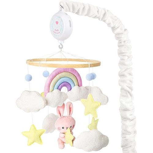Bunny Baby Musical Crib Mobile for Girls - Baby Mobile for Crib with 12 Lullabies Musical Box, Baby Mobile for Bassinet for New Borns, Nursery Mobiles, Fits Standard Cribs