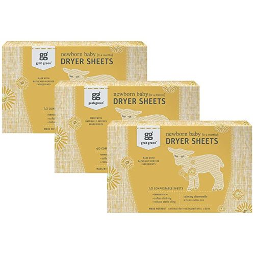 Grab Green Newborn Baby Dryer Sheets - Natural Scent Booster and Fabric Softener to Reduce Wrinkles and Static (Calming Chamomile Scent, 120 Sheets Total)