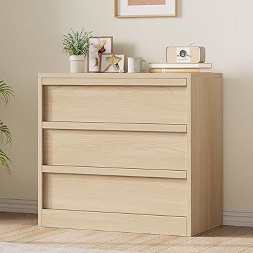 GarveeHome 3 Drawer Dresser for Bedroom, Natural Oak Nightstand 3 Chest of Drawers with Large Storage, Small Modern Dresser Organizer Bedside Table for Living Room, Nursery, Entryway