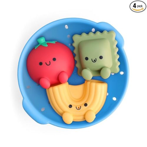 Itzy Ritzy Bath Squirter Toys – Set of 3 Textured, Pasta-Shaped Bath Toys & 1 Sprinkle Strainer – Itzy Splash Pals Promote Sensory Play, Cause & Effect, & Motor Skill Development – 6 Mos & Up (Pasta)