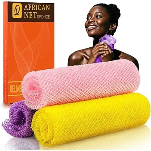 UJFQBH 3 Pieces African Bath Sponge African Net Long Net Bath Sponge Exfoliating Shower Body Scrubber Back Scrubber Skin Smoother,Great for Daily Use (Pink,Yellow,Purple)