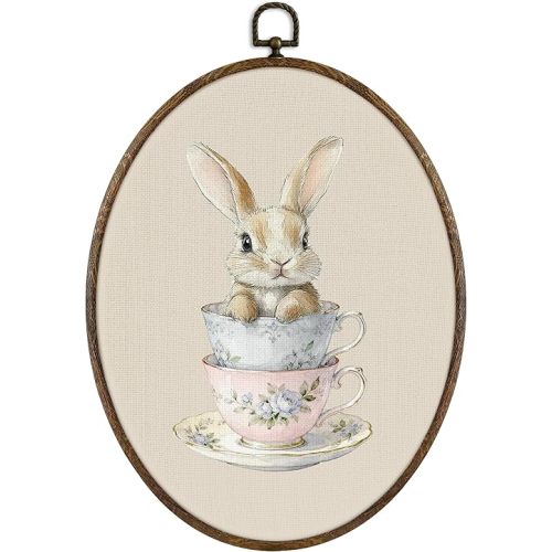 KFXHANGD Coquette Bunny Rabbit Oval Wall Art Framed, Bunny Nursery Decor, Easter Farmhouse Rabbits Canvas Wall Art Decor, Cute Bunnies tea cup Hanging Decor for Bedroom Bathroom, 8.7x11.3 Inch