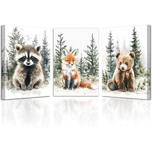 LZIMU Nursery Animal Canvas Wall Art 3 Pieces Cute Animal Baby Picture Prints Woodland Nursery Painting for Kids Boy Girls Room Decor Framed (Grey, 16x24inchx3 Pieces)