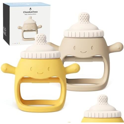 2 Packs Baby Teething Toy Silicone Teething Mitten for Babies Over 3 Months Anti Dropping Wrist Hand Teethers Baby Chew Toys for Sucking Needs, BPA Free (BabyBottle Yellow)