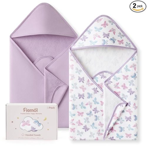 Hooded Baby Towels for Newborn,100% Cotton Baby Bath Towels with Hood for Infant Toddler Boy Girl, 2 Pack 32x32 Inch Soft & Absorbent Knit Terry Bath Essentials Purple Butterfly
